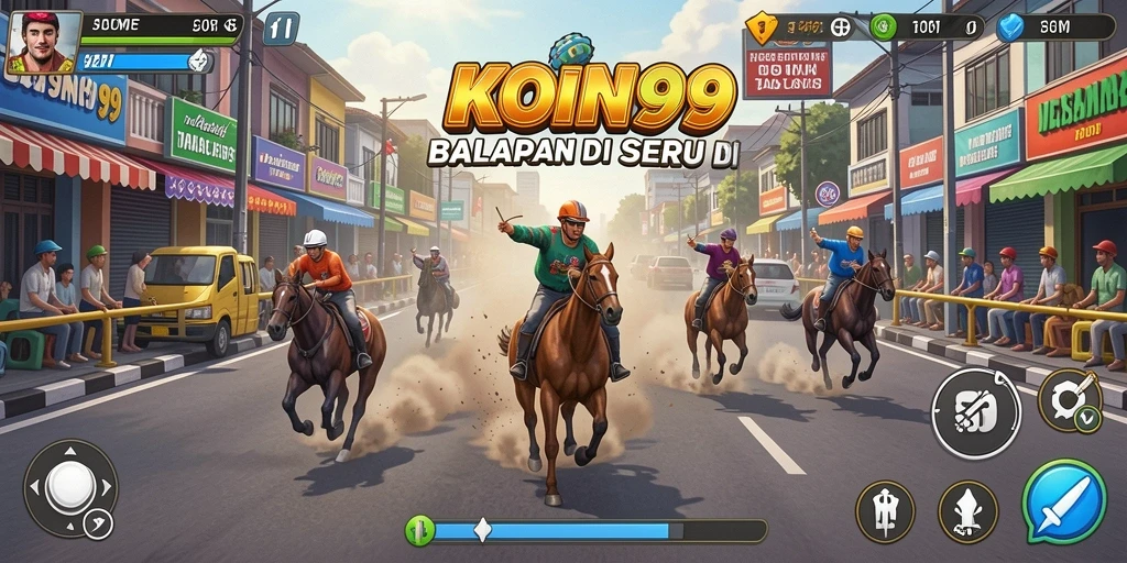 Gameplay KOIN99 yang menampilkan balapan seru di jalanan perkotaan.