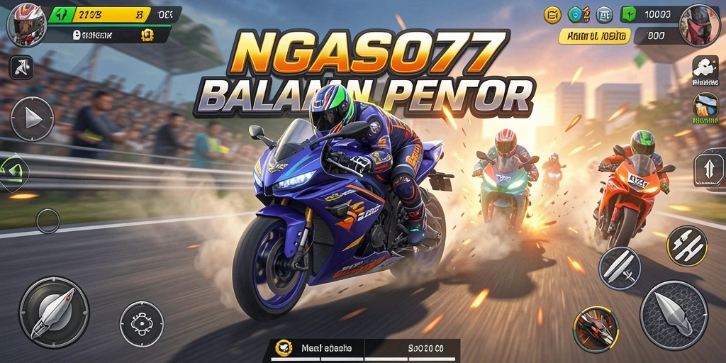 Tampilan gameplay seru NGASO77 dengan aksi balapan motor.