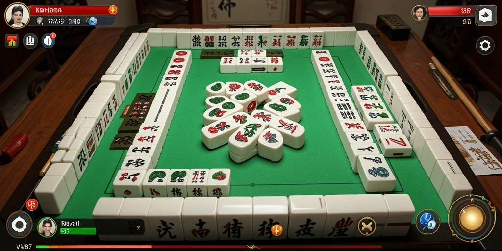 Screenshot gameplay V87 menampilkan suasana seru permainan Mahjong.